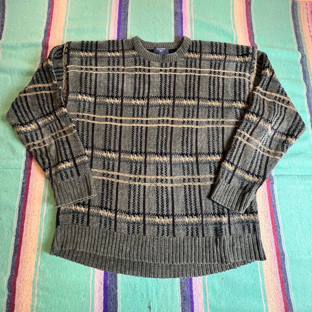 Dockers Plaid Sweater Mens Large Green Crewneck Long Sleeve Knit Acrylic Blend